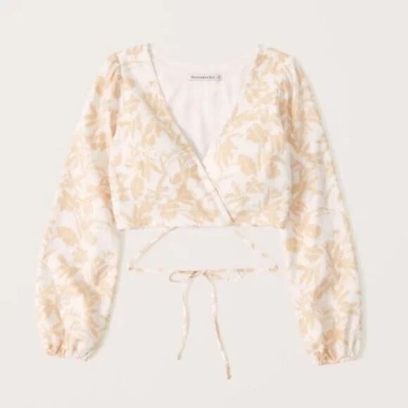 Abercrombie & Fitch long sleeve linen blend wrap crop top size Large - Picture 2 of 9